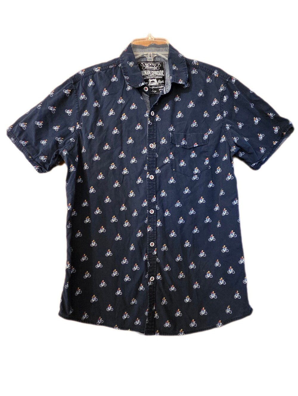 Broken Threads Navy Bicycle Print   Button Down Shirt 100% Cotton Size Large